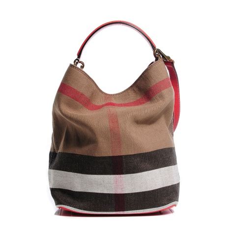 BURBERRY Canvas Mega Check Medium Susanna Hobo Red